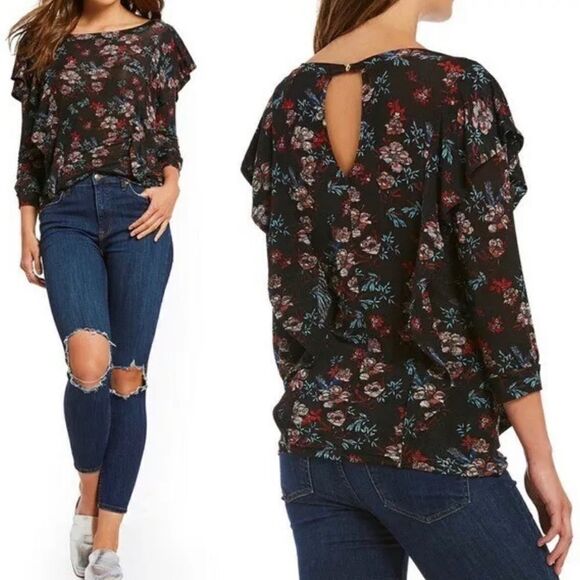 Free People | Floral Dock Top Ruffle Sleeve Keyhole Back Shimmer - Picture 1 of 10